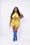 YELLOW HALTER CRISSCROSS CUT OUT DRAPED RUCHED DRESS