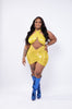 YELLOW HALTER CRISSCROSS CUT OUT DRAPED RUCHED DRESS